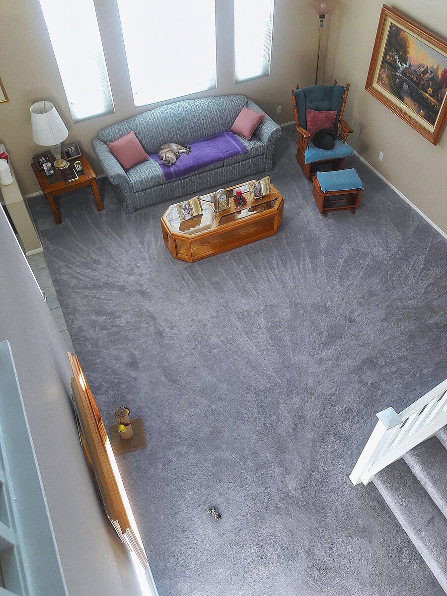 Freshly vacuumed living room with clean, patterned carpet and a tidy seating area, a hallmark of Cyclone Cleaning & Janitorial's residential services