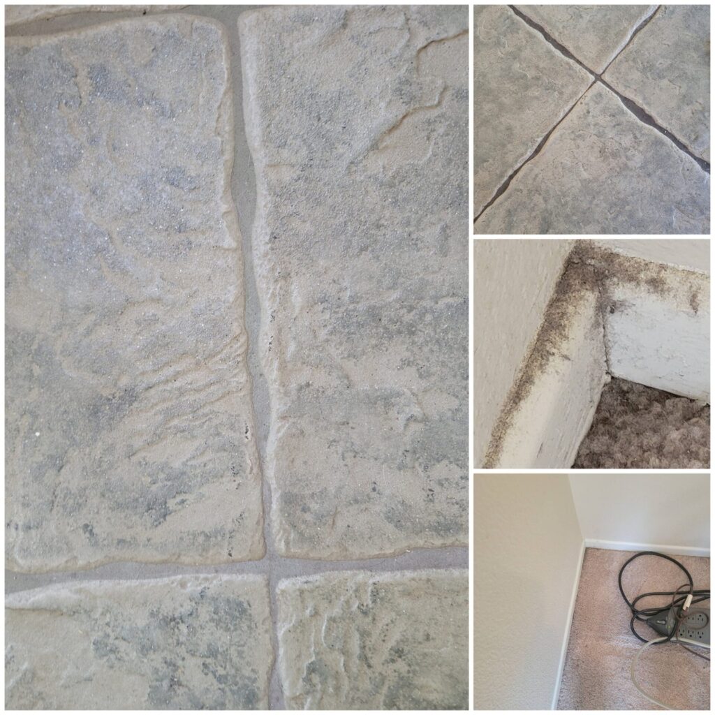 Close-up of dirty tile grout, dusty baseboards, and buildup in carpeted corners inside a Santa Clarita home before professional deep cleaning by Cyclone Cleaning & Janitorial