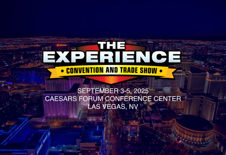 Logo for &ldquo;The Experience Convention and Trade Show&rdquo; over a night view of the Las Vegas Strip. Text below reads &ldquo;September 3&ndash;5, 2025, Caesars Forum Conference Center, Las Vegas, NV.