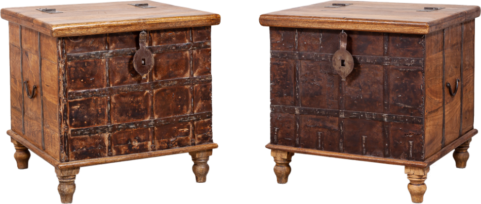 Two intricately crafted wooden chests made from reclaimed materials, highlighting the unique charm of Furniture With Attitude&rsquo;s artisan originals.