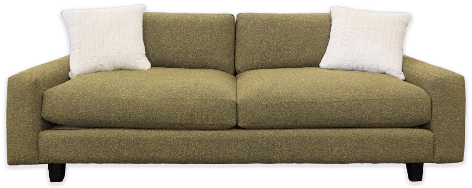 Modern green custom sofa with two white pillows, showcasing Furniture With Attitude&rsquo;s tailored craftsmanship and comfort.