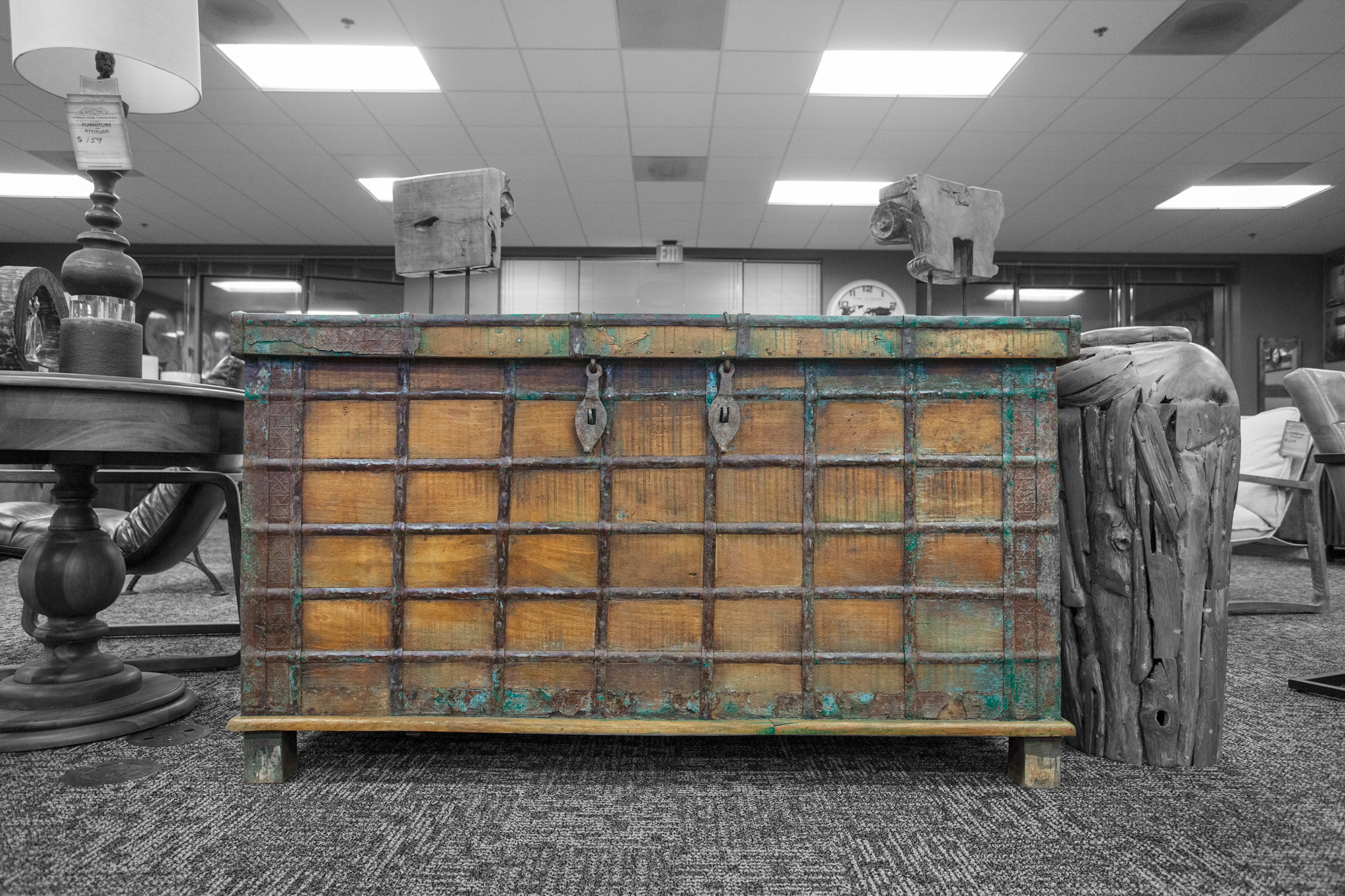  A distressed multi-panel sideboard with diamond-grid cabinet doors and patina finish.