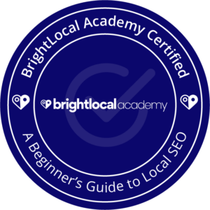 A BrightLocal course completion certification badge for a beginner's guide to local SEO