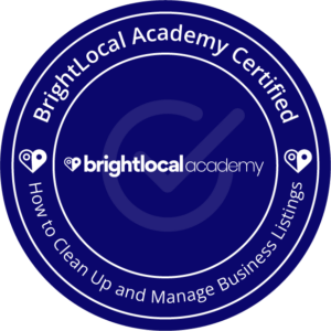 A BrightLocal course completion certification badge for cleaning up and managing local business listings