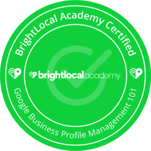 A BrightLocal course completion certification badge for Google Business Profile management