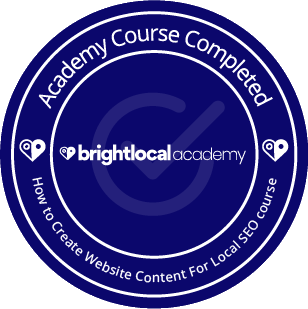 How to Create Website Content for Local SEO A BrightLocal course completion certification badge for creating website content for local SEO