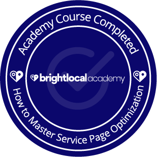 How to Master Service Page Optimization A BrightLocal course completion certification badge for mastering local service page optimization
