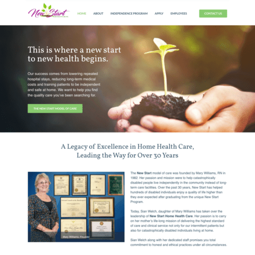 Homepage design for a healthcare agency, featuring an image of a sprouting plant in hands, a welcoming message, and information about the agency's legacy in home health care, created by CornerClicks.