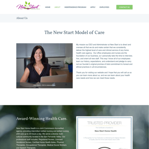 About Us page design for a healthcare agency, highlighting the New Start Model of Care with an image of a staff member and a detailed description of the agency's mission and services, created by CornerClicks.