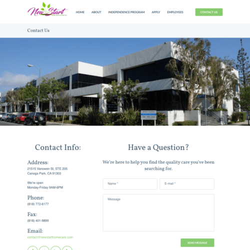 Contact Us page design for a healthcare agency, including contact information, a contact form, and an image of the agency's office building, created by CornerClicks.