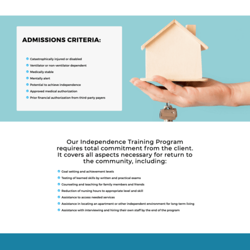 Admissions Criteria page design for a medical facility, detailing the criteria for admission and the requirements for the independence training program, created by CornerClicks.