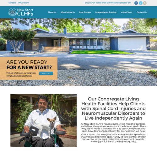 Homepage design for a medical facility, featuring a welcoming message, an image of the facility, and information about services for clients with spinal cord injuries and neuromuscular disorders, created by CornerClicks.