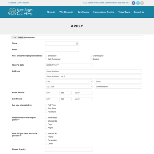 Apply page design for a medical facility, including a detailed application form for prospective emplyees, created by CornerClicks.