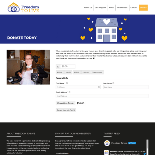 Donation page design for a nonprofit organization, featuring a donation form, an image of a resident, and a call to action, created by CornerClicks.