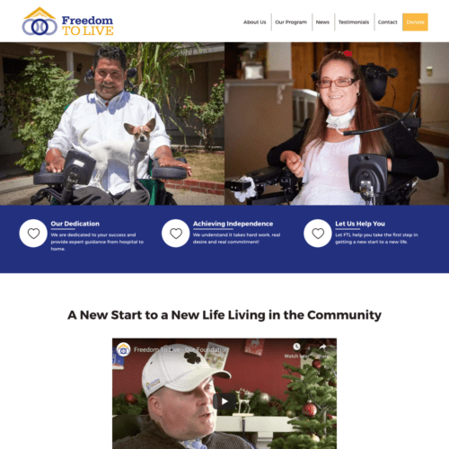 Homepage design for a nonprofit organization, showcasing images of residents, service details, and a video introduction, created by CornerClicks.