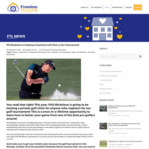 News page design for a nonprofit organization, featuring a news article about a golf tournament and an image of Pro Golfer Phil Mickelson, created by CornerClicks.