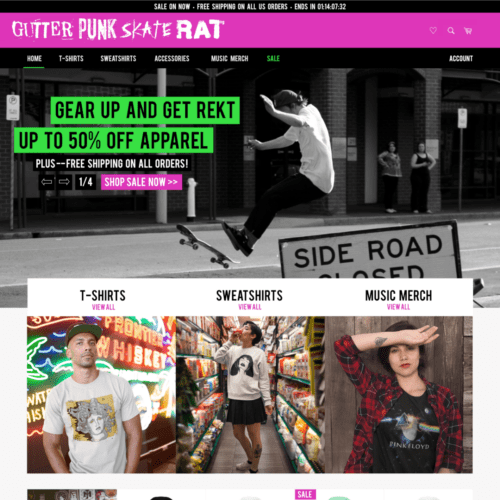 Homepage design for an eCommerce website specializing in skateboarding apparel, created by CornerClicks, featuring a dynamic sale banner and well-organized sections for T-shirts, sweatshirts, and music merchandise.