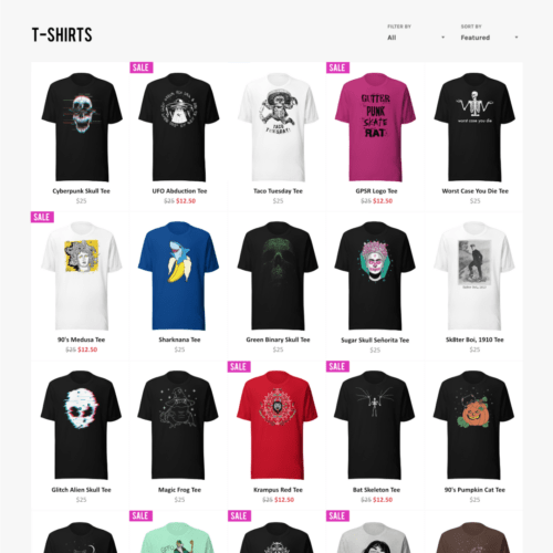 T-shirt category page design, highlighting CornerClicks' ability to create visually appealing and user-friendly layouts for eCommerce websites, displaying various T-shirt options with images, titles, and prices.