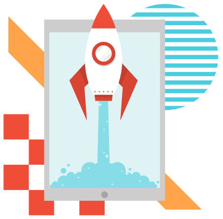 Illustration of a rocket launching upwards, symbolizing business launch as well as growth and success