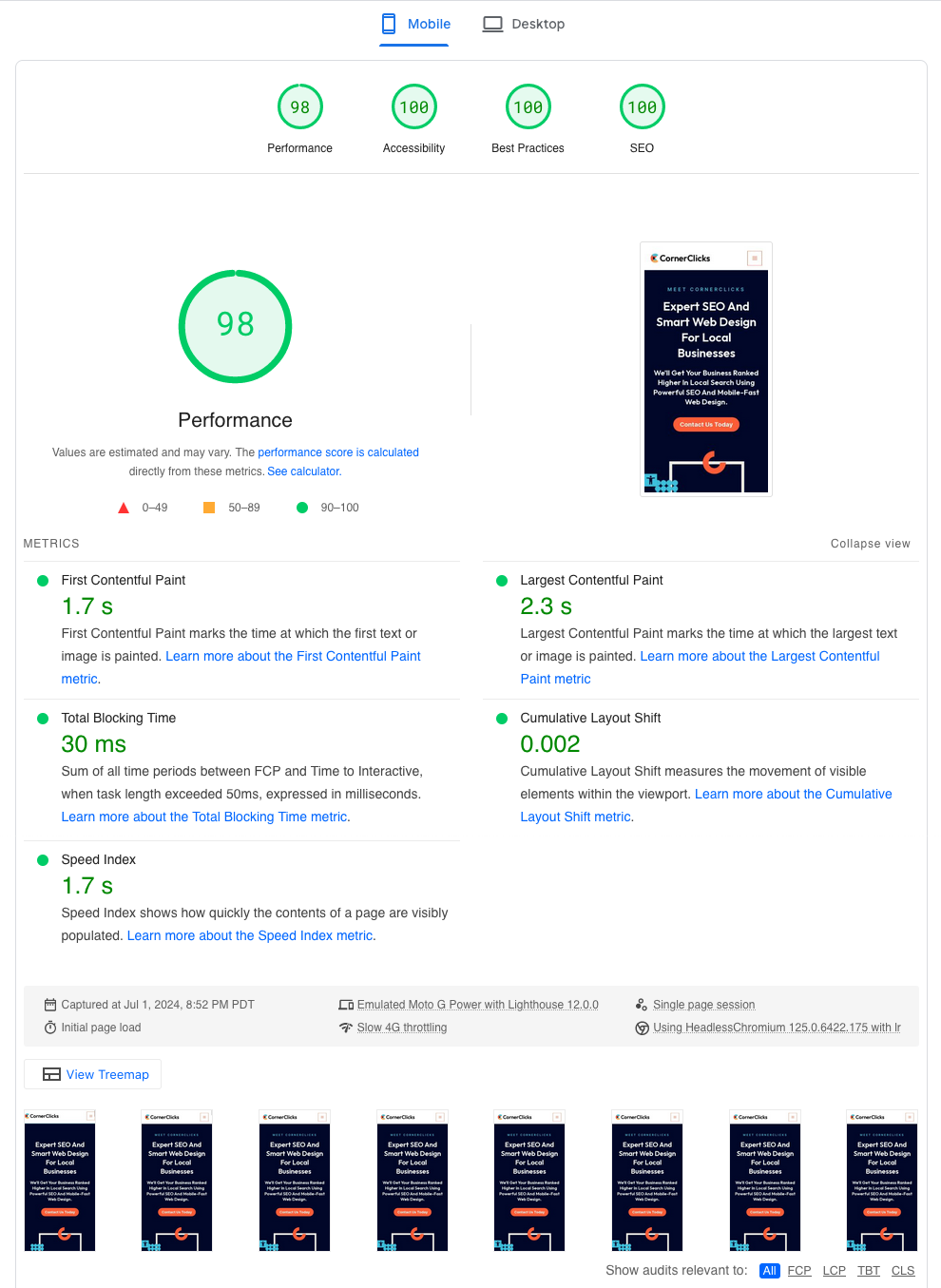 Google PageSpeed Insights showing a performance score of 98 for CornerClicks on mobile