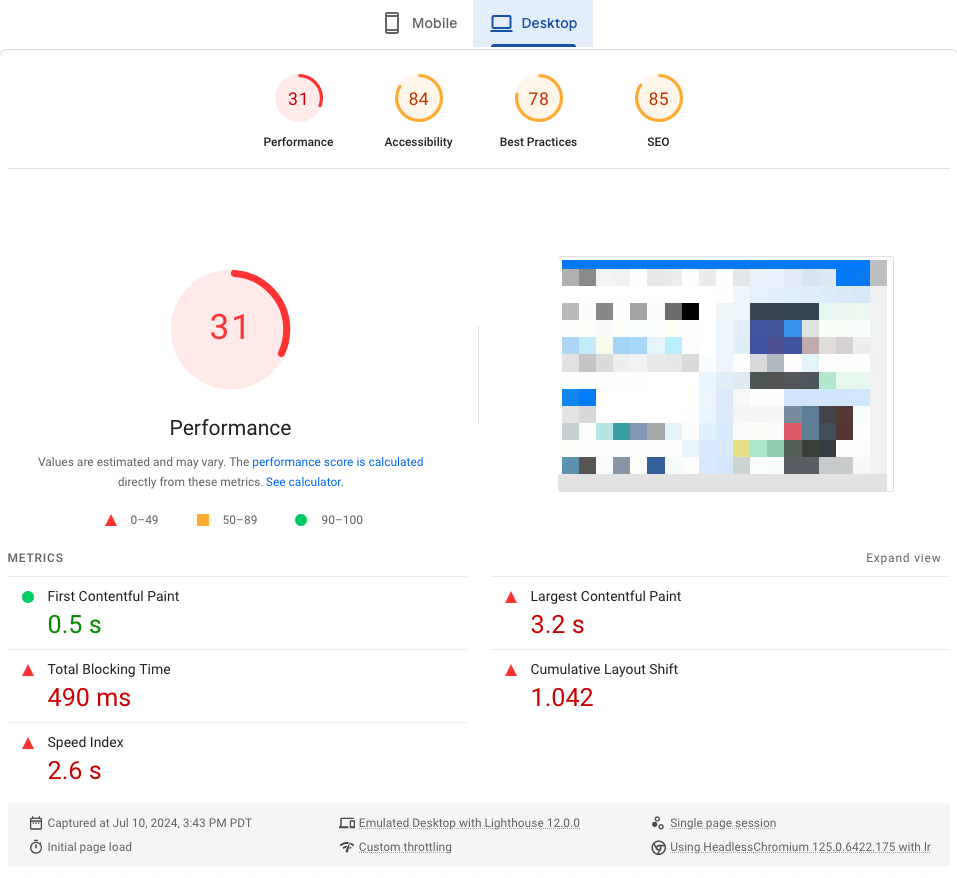 Competitor's desktop performance on July 10, 2024, showing a performance score of 31 from Google PageSpeed Insights test results.