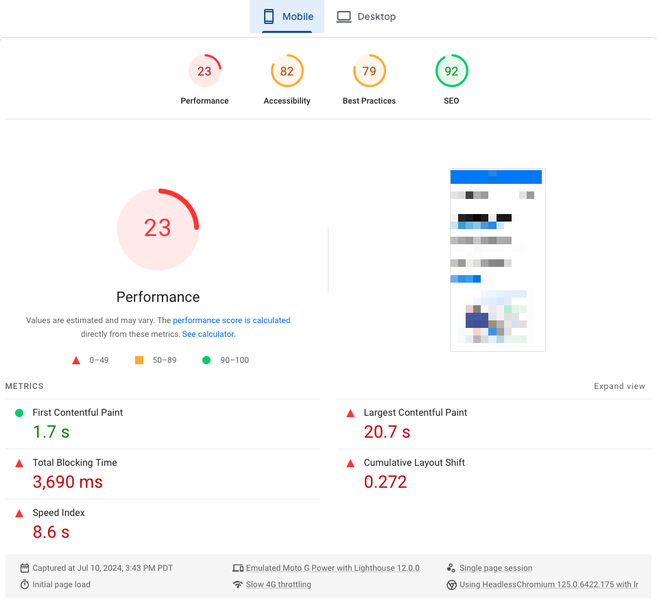 Competitor's mobile performance on July 10, 2024, showing a performance score of 23 from Google PageSpeed Insights test results.