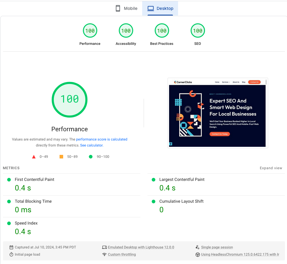 CornerClicks' desktop performance on July 10, 2024, showing a performance score of 100 from Google PageSpeed Insights test results.