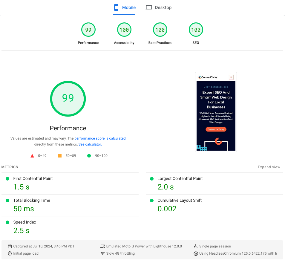 CornerClicks' mobile performance on July 10, 2024, showing a performance score of 99 from Google PageSpeed Insights test results.