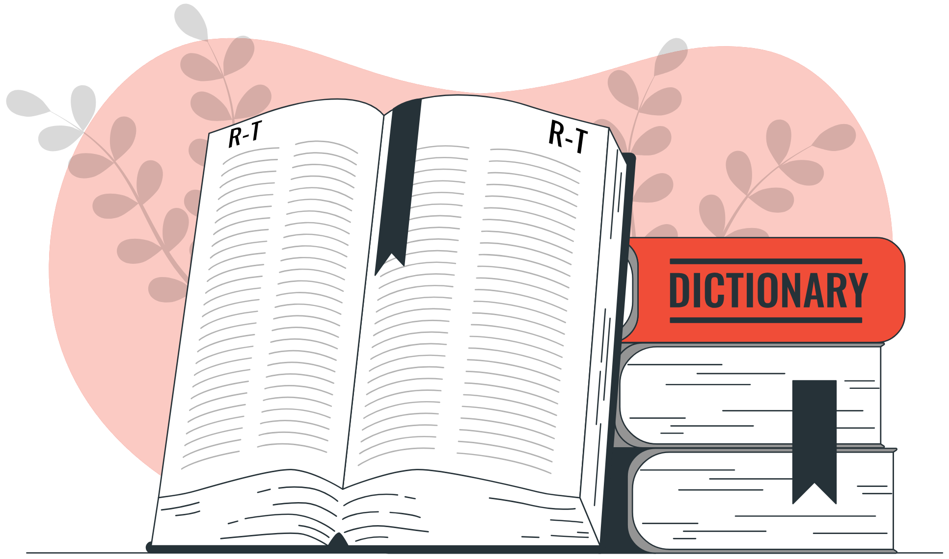 Illustration of an open dictionary with the title 'Dictionary' next to it, representing a small business marketing dictionary and glossary tool.