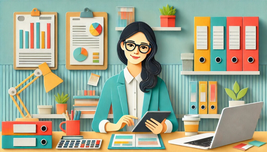 Business professional analyzing data with charts and colorful office supplies, representing strategic planning for a standout business name.