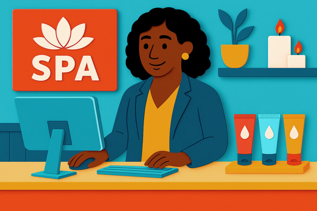 Illustration of a woman small business owner in a spa, using her desktop computer to conduct business on her website, surrounded by colorful products and a bright, organized spa interior.