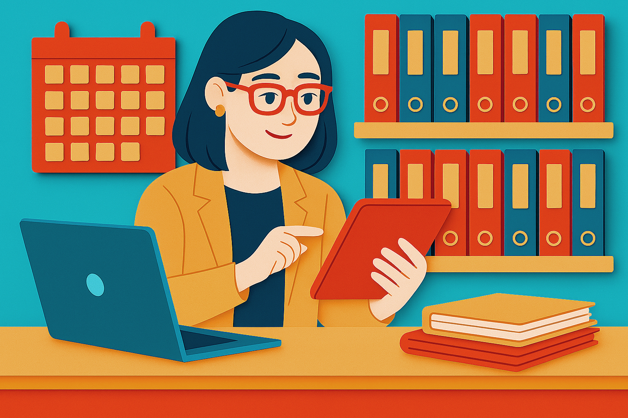 An illustration of woman business professional analyzing data with charts and colorful office supplies, representing strategic planning for a standout business name.