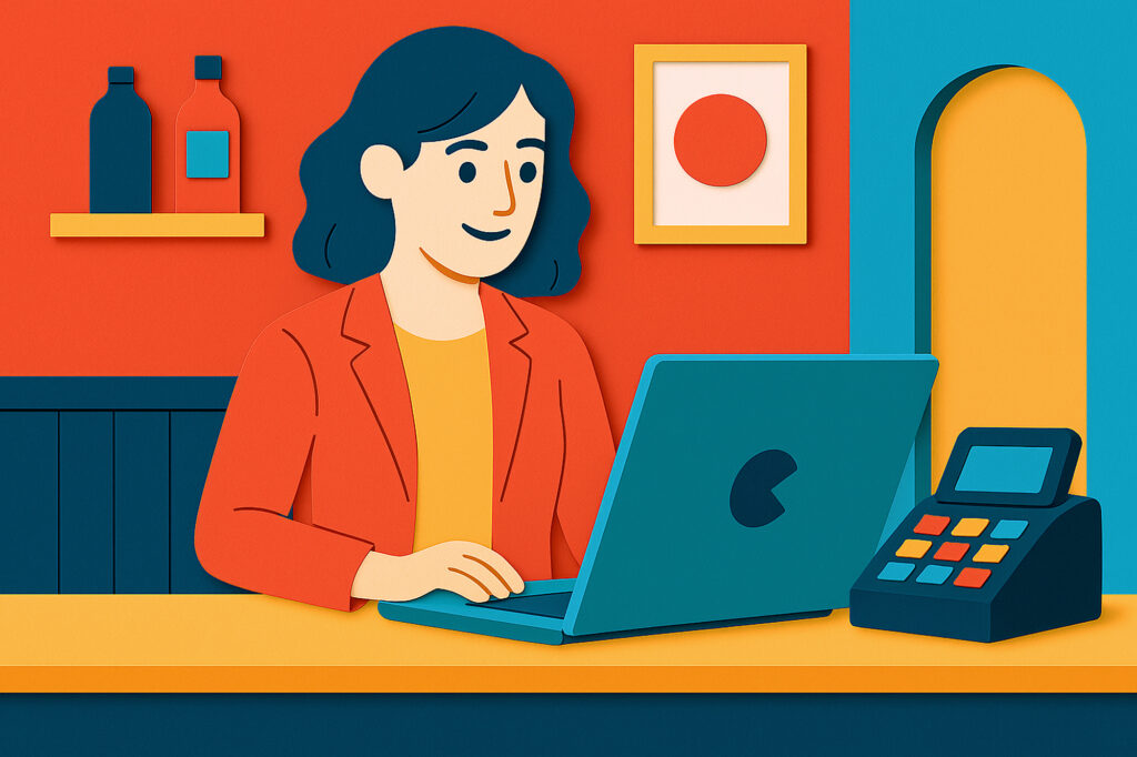 Illustration of a small business owner using a laptop behind the desk of a boutique shop, symbolizing small business marketing strategies.