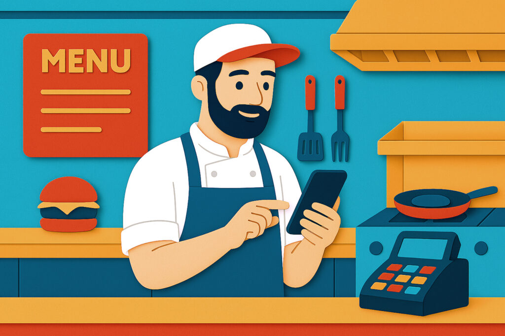 Illustration of a chef using a smartphone in a food truck, symbolizing small business adaptation to mobile-first indexing. The food truck features a grill, a variety of food items, and a cash register.