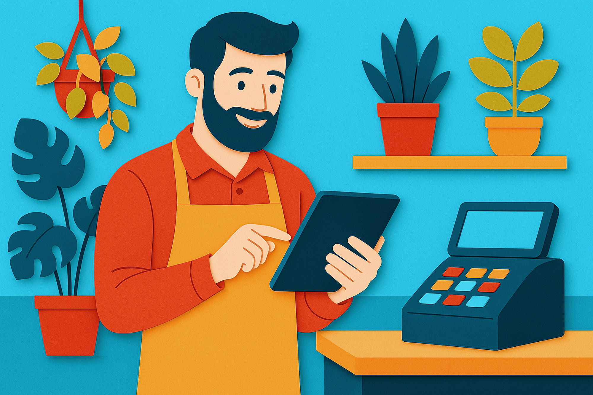 Illustration of a small business owner in his plant nursery, wearing an apron and holding a tablet to post to his Facebook business page, surrounded by colorful potted plants and succulents displayed on shelves.