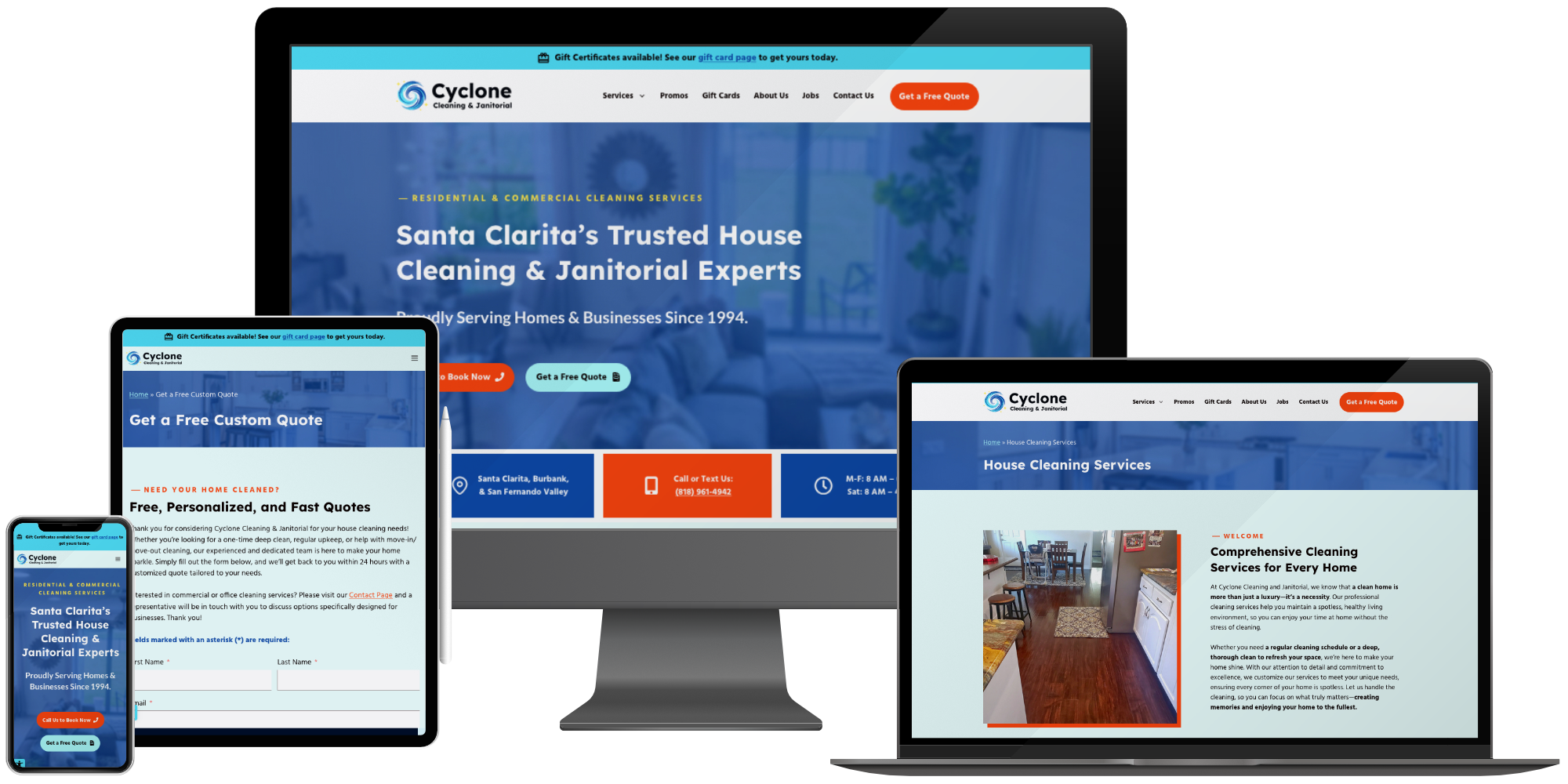 Responsive cleaning service and janitorial website design for local small businesses, featuring booking options and service pages on desktop and mobile.