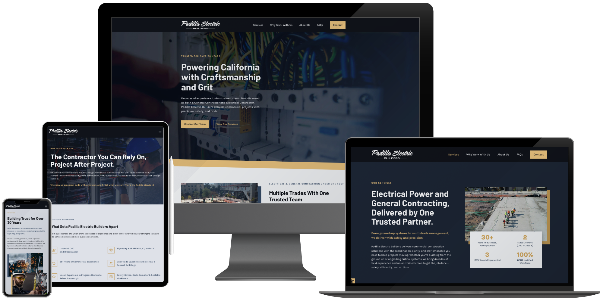 Responsive construction contractor website design for small business, highlighting electrical and general contracting services on multiple devices.