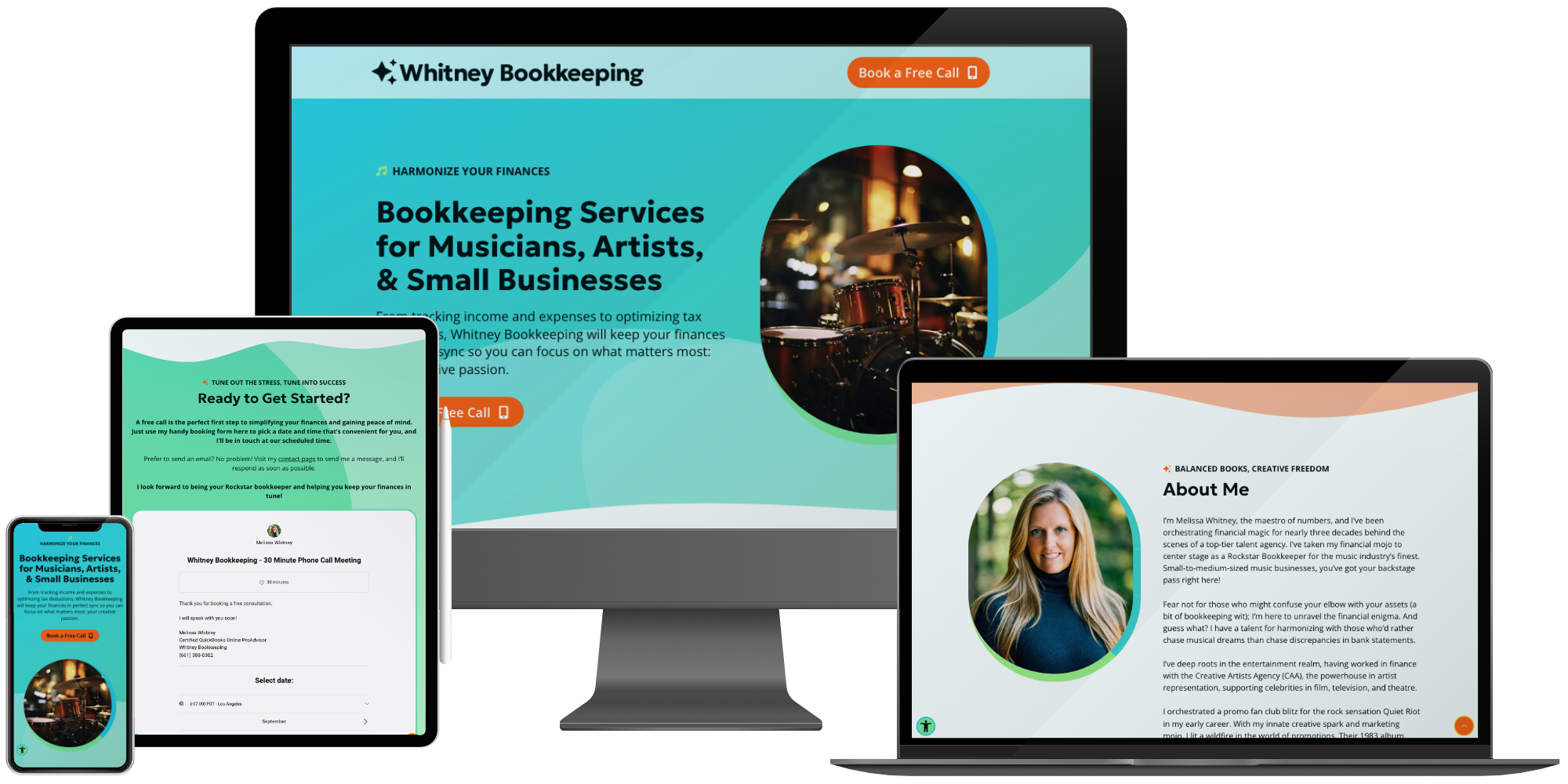 Responsive bookkeeping and finance website design for small businesses, artists, and entrepreneurs, optimized for mobile and desktop viewing.