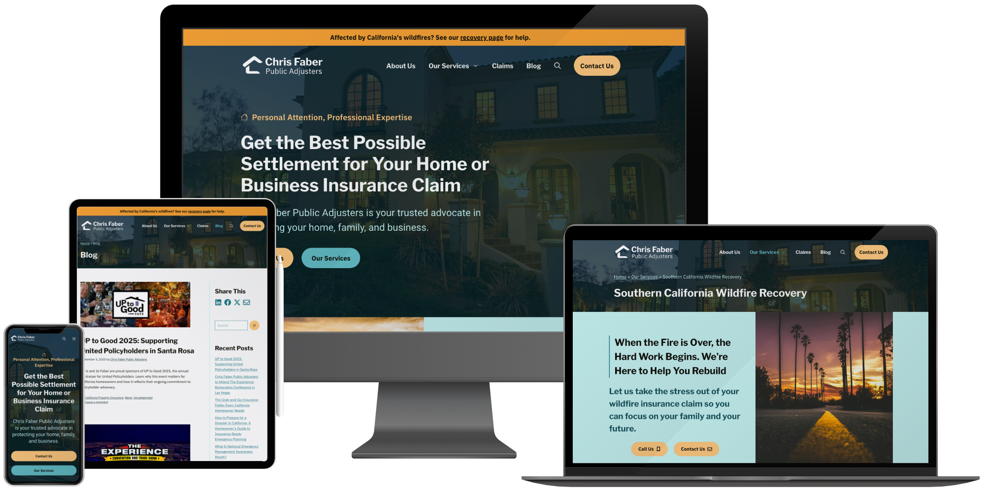 Responsive insurance adjuster website design for small business, showcasing claims services and professional branding across desktop, tablet, and mobile.