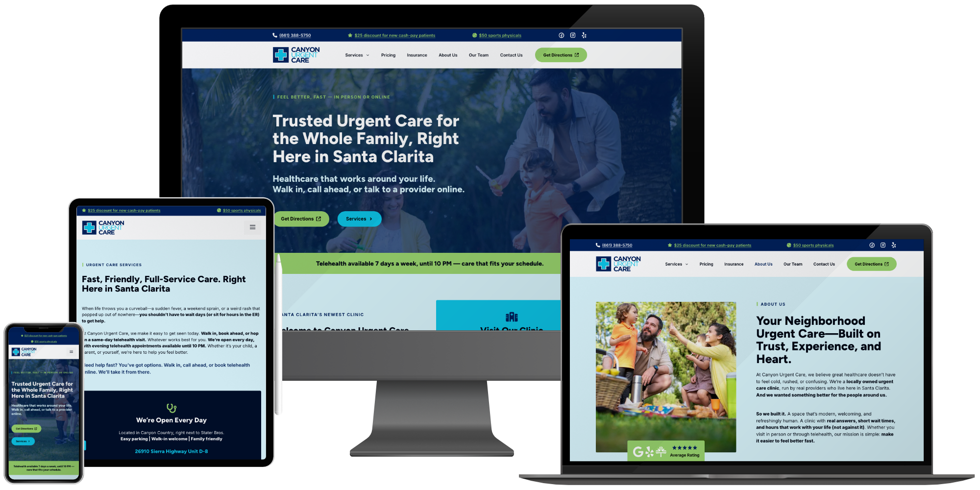 Responsive medical provider and urgent care website design for small business healthcare practices, showing family-focused services across all devices.