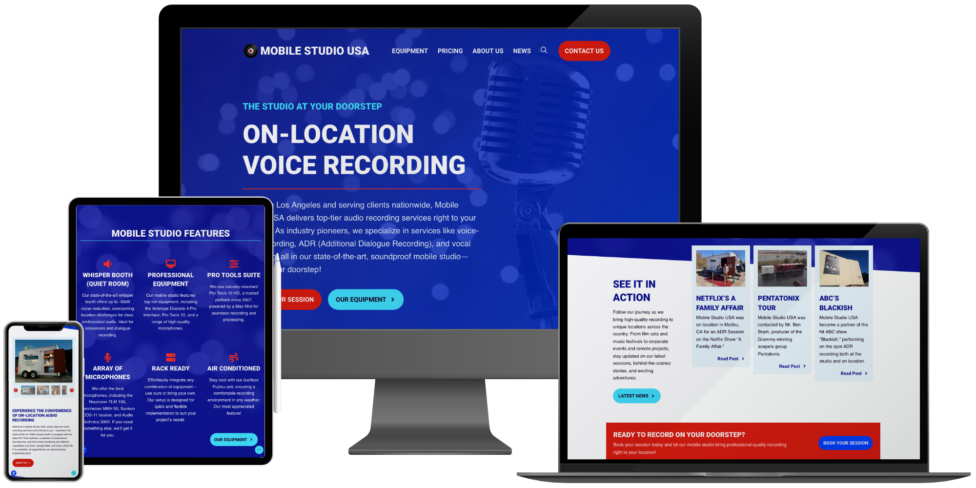 Responsive recording studio and entertainment website design for creative businesses, featuring on-location voice recording services on desktop, tablet, and mobile.