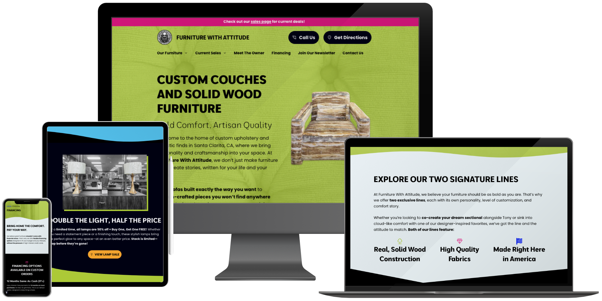 Responsive retail website design for a brick-and-mortar furniture store, built for small businesses to showcase products, sales, and services across all devices.