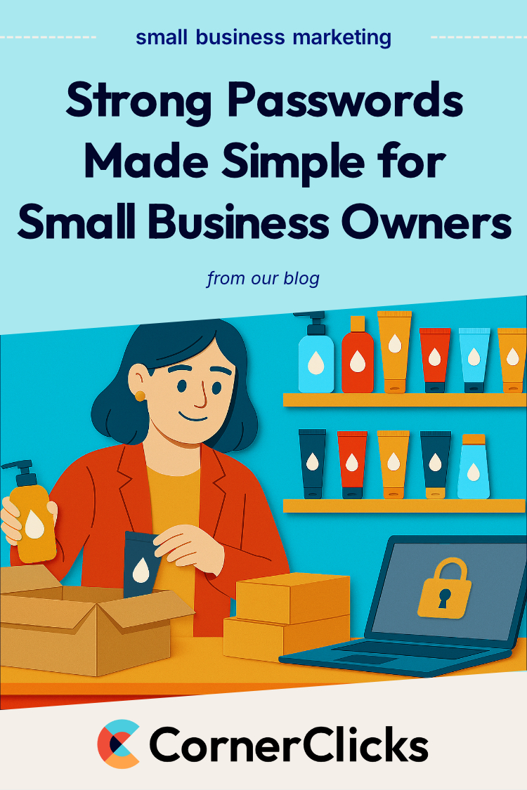 Illustration of a small business owner managing passwords securely, promoting strong password tips for entrepreneurs from CornerClicks.
