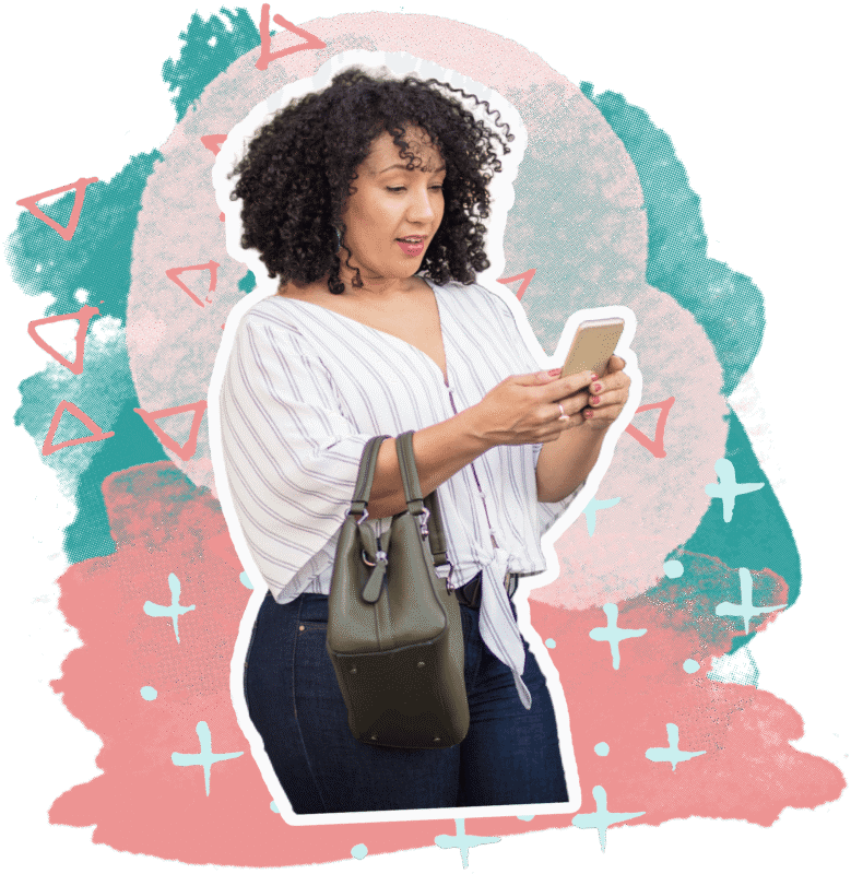 A woman searching on her smartphone, representing a local customer looking up nearby businesses — exactly who CornerClicks helps you get found by