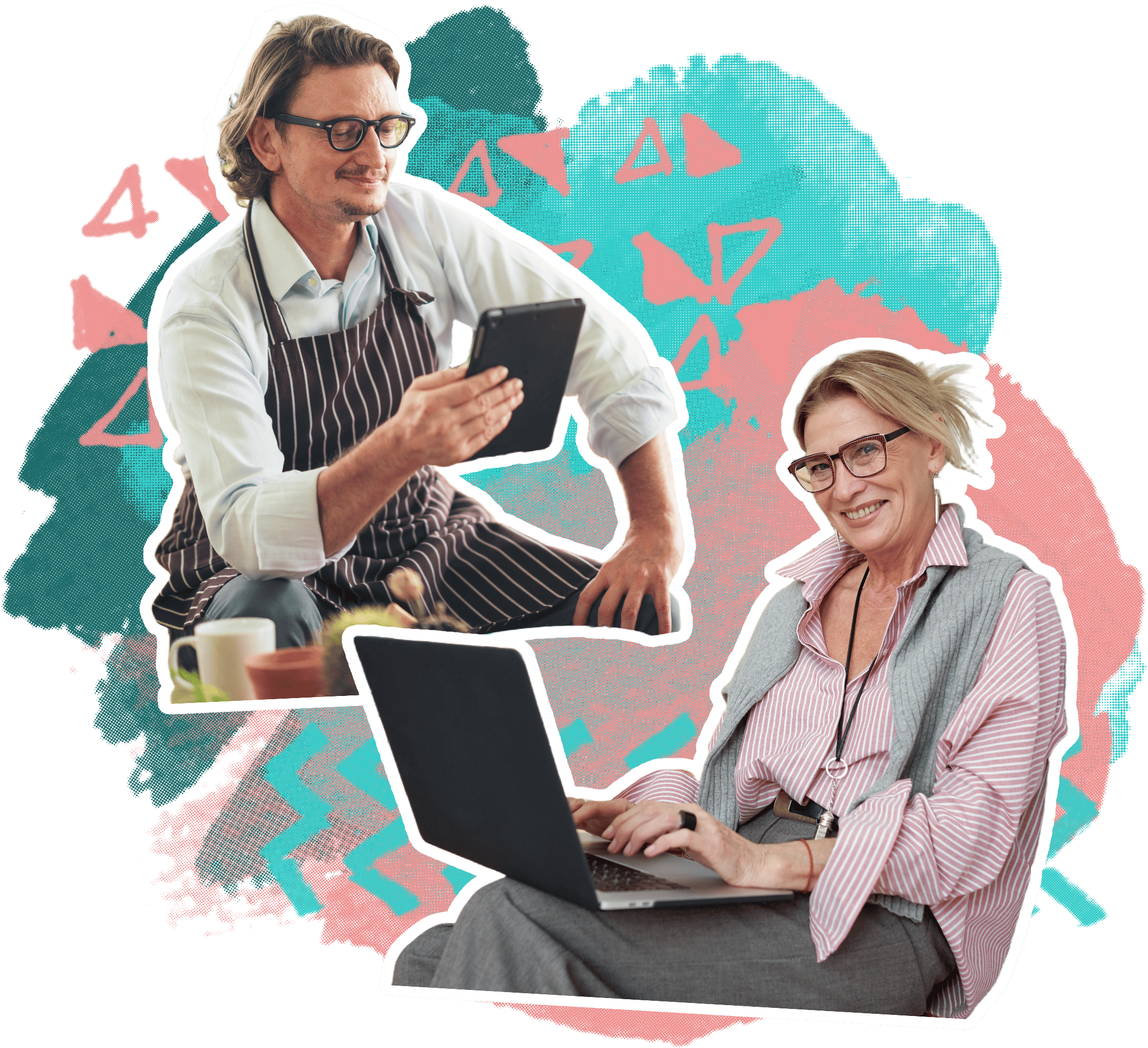 Two local business owners — a restaurant owner reviewing his tablet and a professional woman working on her laptop — representing the small businesses CornerClicks helps get found online