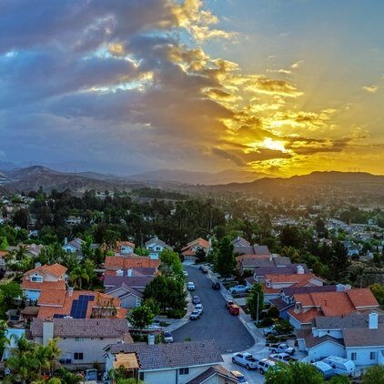 View of a Santa Clarita Valley neighborhood during sunset. 